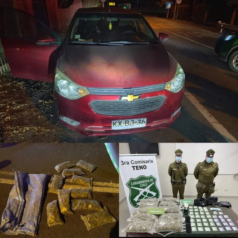 Carabineros de Teno detienen a dos sujetos que mantenían marihuana y clorhidrato de cocaína al interior de un automóvil