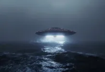 Imagen referencial generada con IA. Recreación de supuesta nave extraterrestre sobrevolando una zona oceánica.