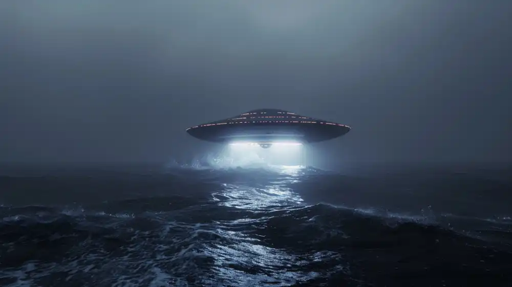Imagen referencial generada con IA. Recreación de supuesta nave extraterrestre sobrevolando una zona oceánica.